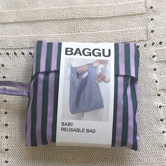 NWT BAGGU Lilac Candy Stripe Reusable Eco Shopping Bag Tote Purse Baby size - Picture 5 of 6